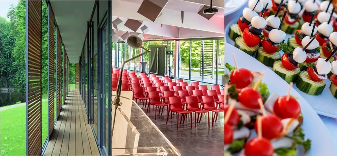 Espaces séminaire du Business Village : couloir vitré sur le parc, salle de réunion aux chaises rouges et buffet de canapés