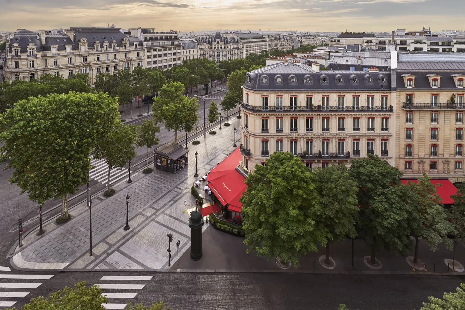 Aerial view of Avenue George V and the Fouquet's Paris hotel on the Champs-Élysées, Paris