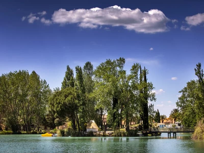 Waterway lined with poplar trees and a wooden jetty in the Camargue landscape near Le Village Camarguais
