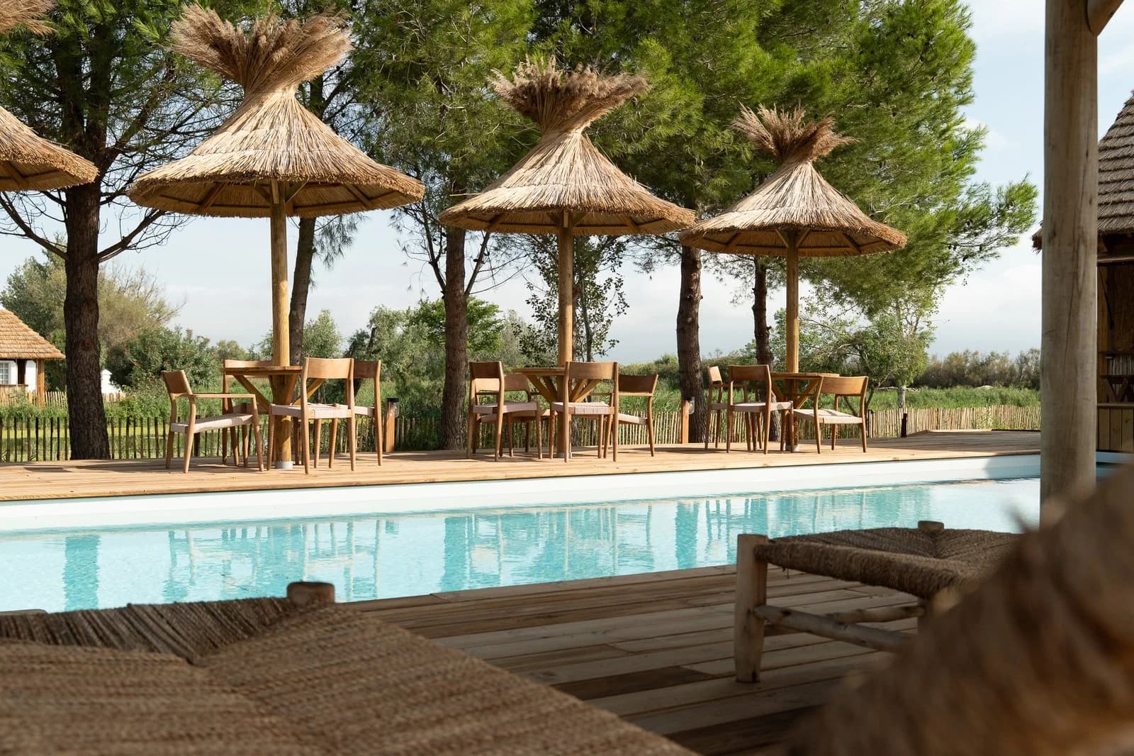 Terrace with reed parasols and pool at Mas de Dard in the Camargue