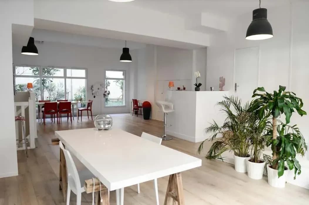 Studio with white walls, a white table and potted plants