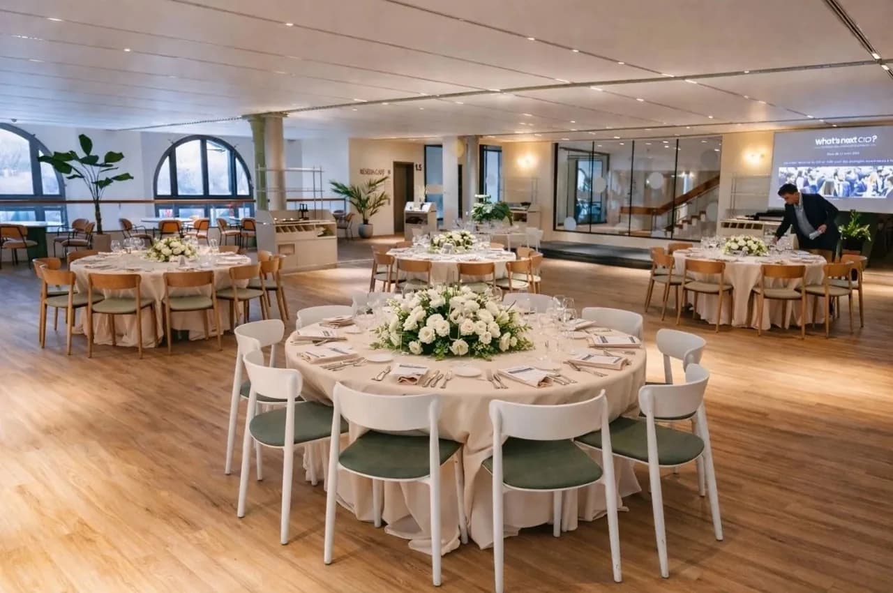 Restaurant room with round tables and light wood flooring