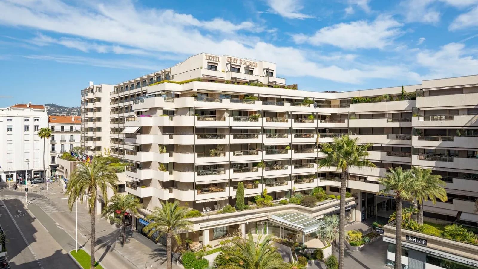 Facade of Hôtel Barrière Le Gray d'Albion on the Cannes seafront near the Palais des Congrès