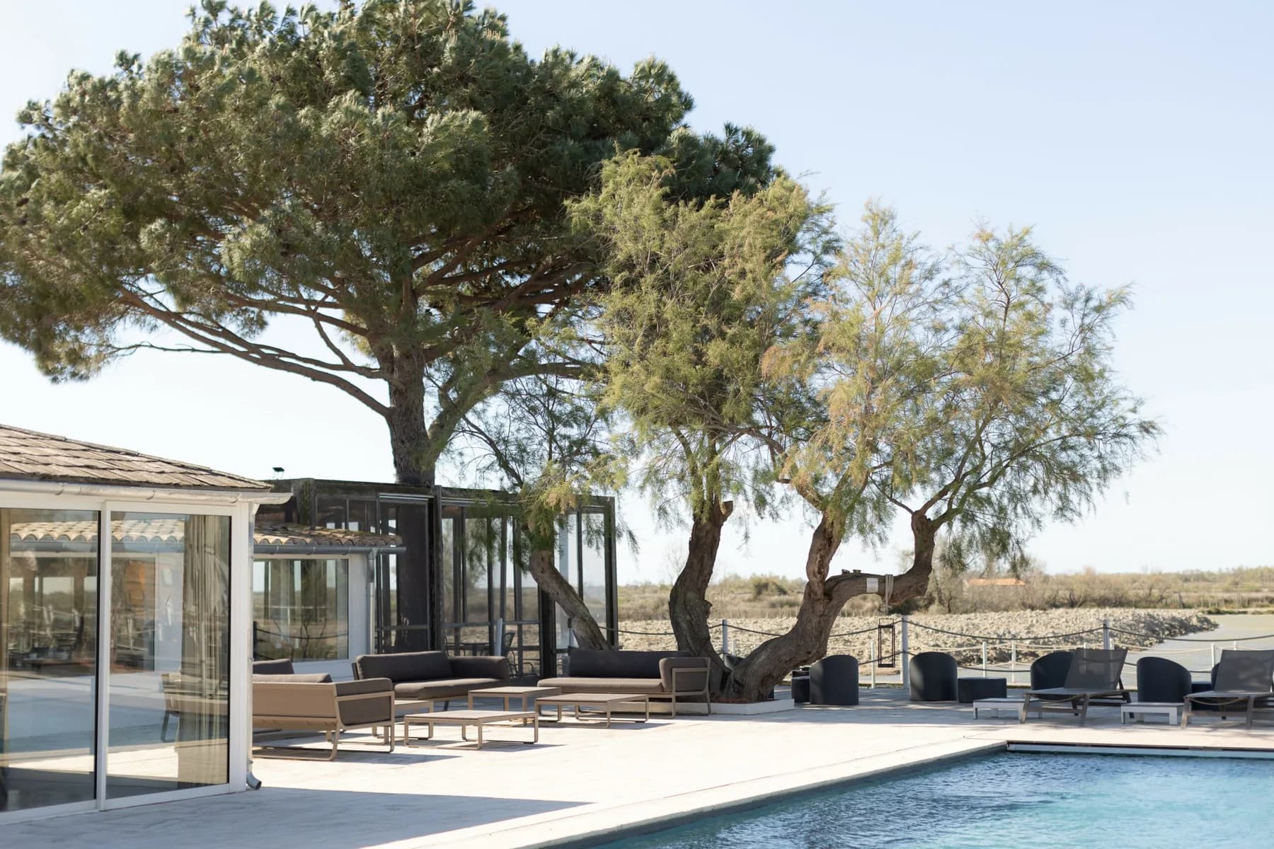 Exterior terrace and swimming pool of Mas de la Fouque under the pine trees, Camargue