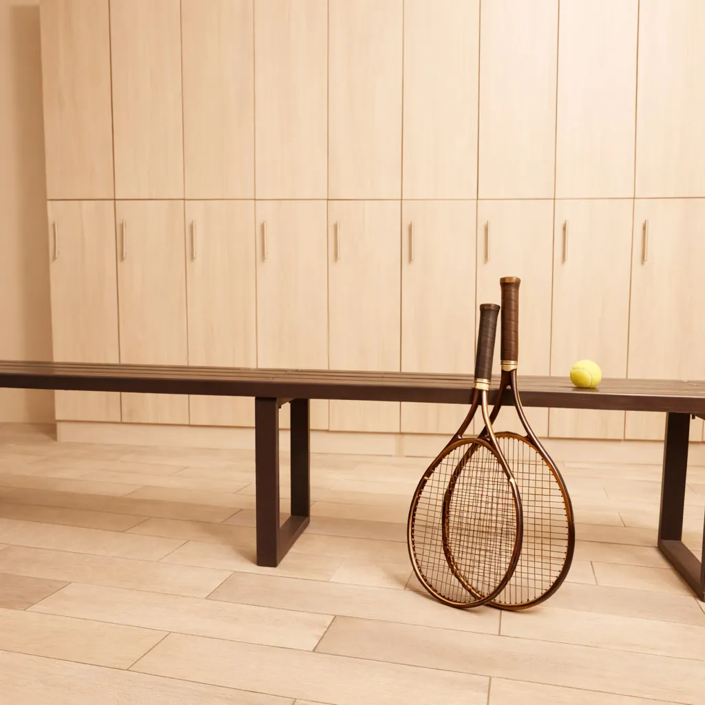 Vestiaire avec casiers en bois, banc et raquettes de tennis à l'espace sportif du Domaine de Verchant