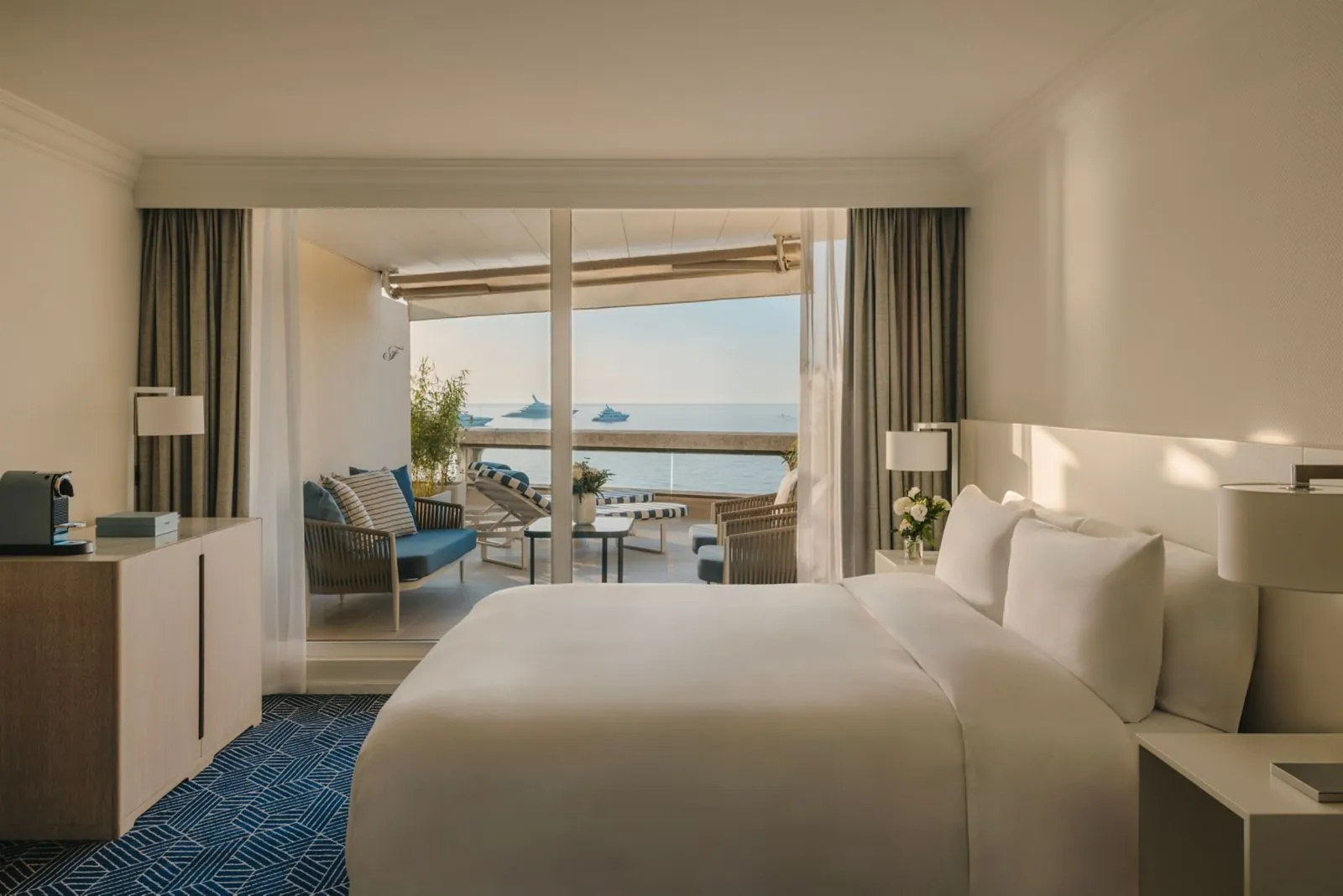 Deluxe room with king bed and a sea-view balcony at Fairmont Monte Carlo, Monaco