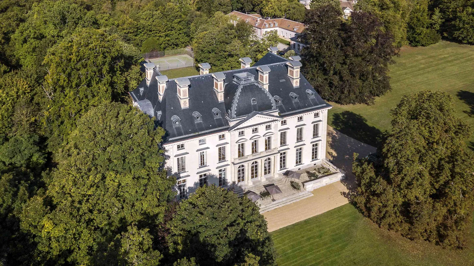 Aerial view of the château and its gardens at Manoir des Vallées Claires, Eure-et-Loir, west of Paris