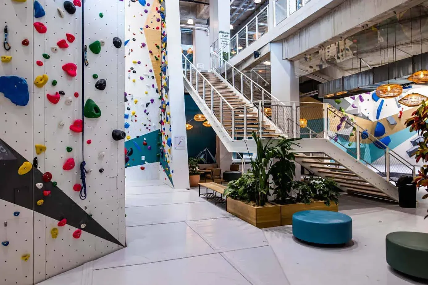 Industrial hall with coloured climbing walls