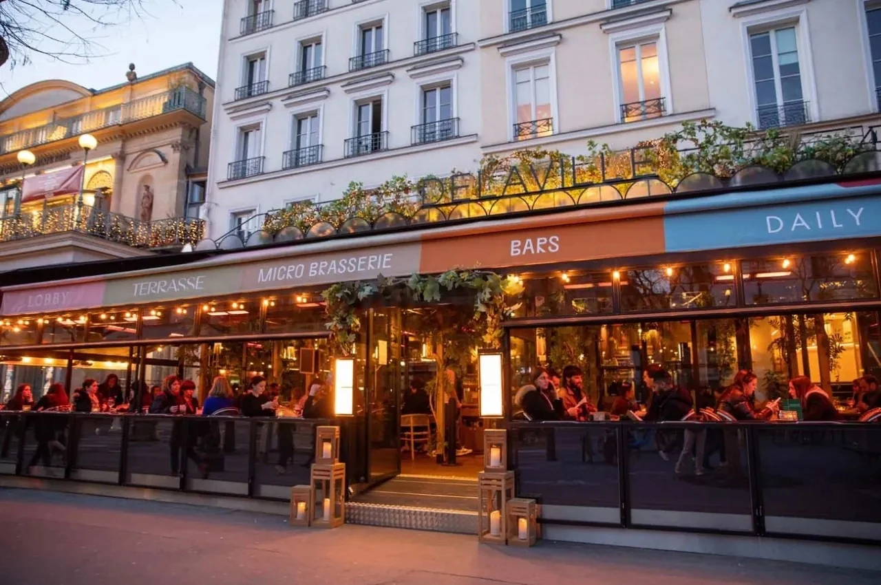 Delaville brasserie frontage on boulevard Bonne-Nouvelle at night