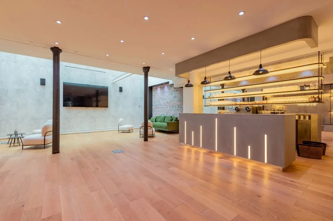 Bar counter with backlit shelving in the main room