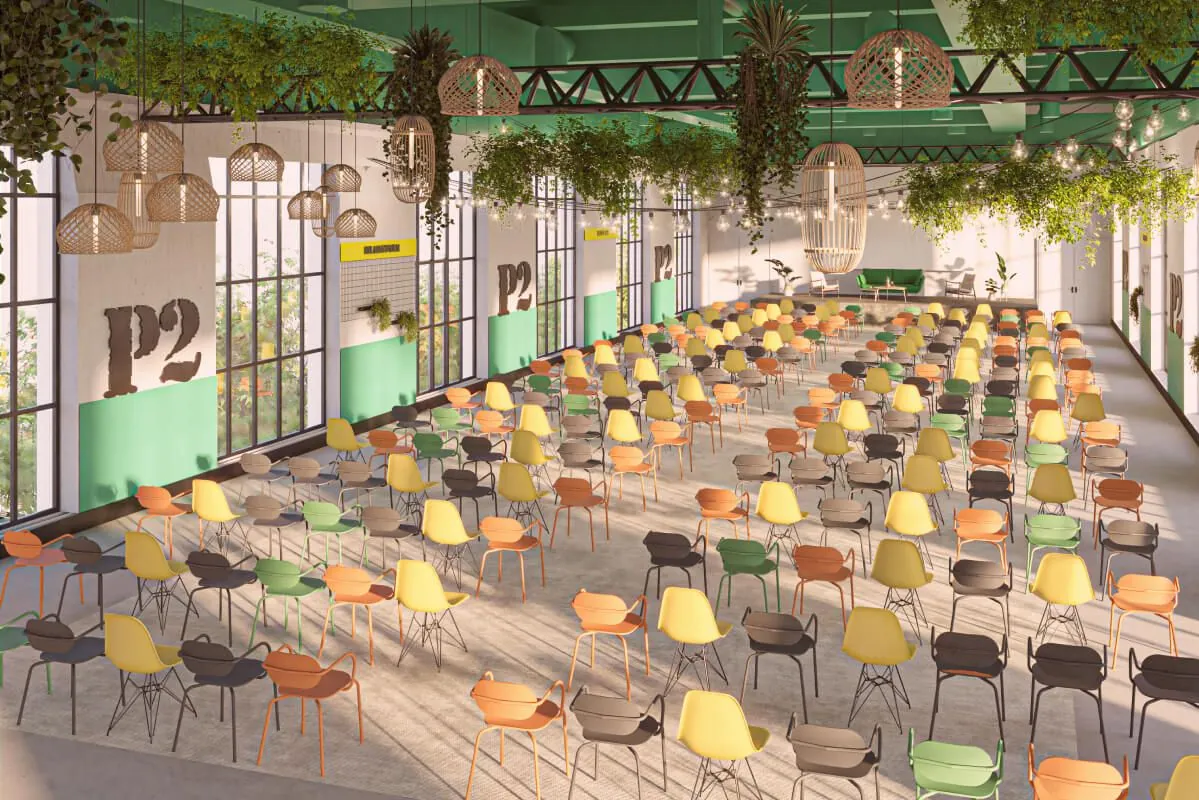 Industrial hall with planted corners, Eiffel-style steel frame and a patio