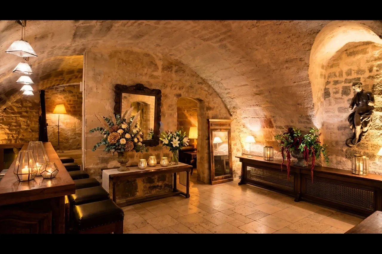 Vaulted stone room with flower arrangements and dark leather sofas