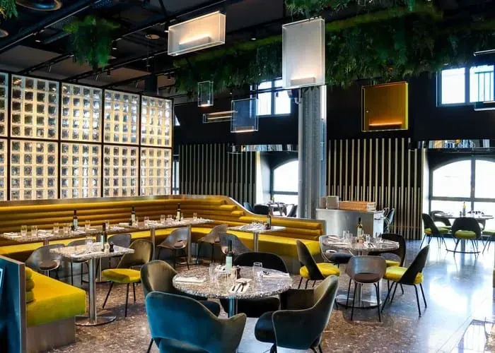 Lounge with greenery on the ceiling, colourful chairs and designer lighting